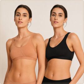 Pack of 2 Wirefree Non-Padded Cotton Stretch Everyday Support Sports Bra – Skin & Black