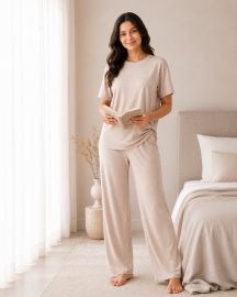 Kidley Luxury Modal Night Dress for Women - Self-Textured Night Suit Set - Light beige