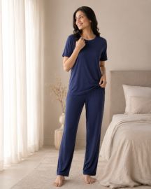 Kidley Luxury Modal Night Dress for Women - Self-Textured Night Suit Set - Navy blue
