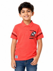 Boys Turbo Buddy Coral Red Cartoon Graphic Printed Polo T-Shirt