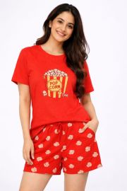Women's Red "Popcorn Time" Graphic T-Shirt & Printed Shorts Loungewear Set