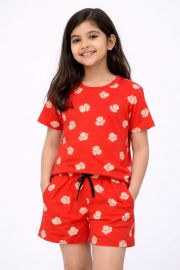 Girls' Red All-Over Popcorn Print T-Shirt & Shorts Loungewear Set