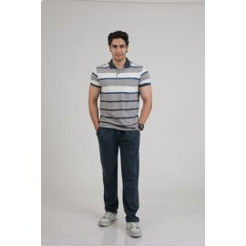 Men’s Collar Stripe Polo Tee with Contrast Lower Set (Grey/Navy)