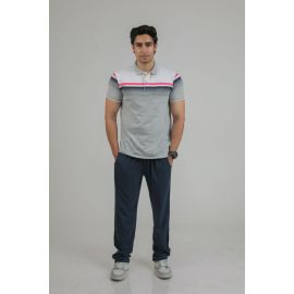 Men’s Collar Stripe Polo Tee with Contrast Lower Set (White/Navy)