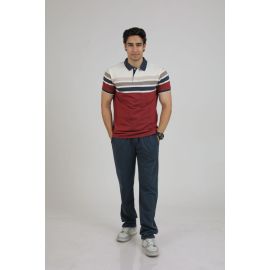Men’s Collar Stripe Polo Tee with Contrast Lower Set (Wine/Navy)