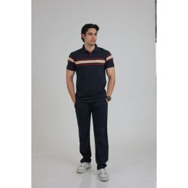 Men’s Collar Stripe Polo Tee with Contrast Lower Set (Navy)