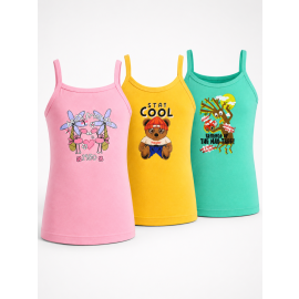 Cotton Comfort Printed Girls Camisole Vest - Aqua Pink Yellow Pack of 3