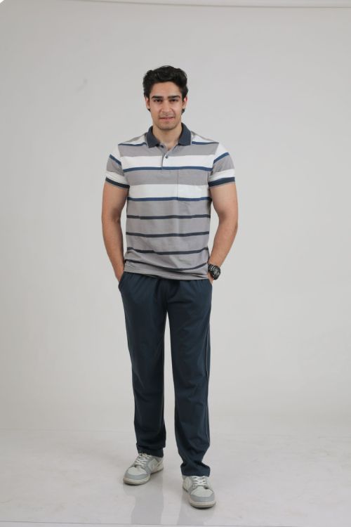 Men’s Collar Stripe Polo Tee with Contrast Lower Set (Grey/Navy)