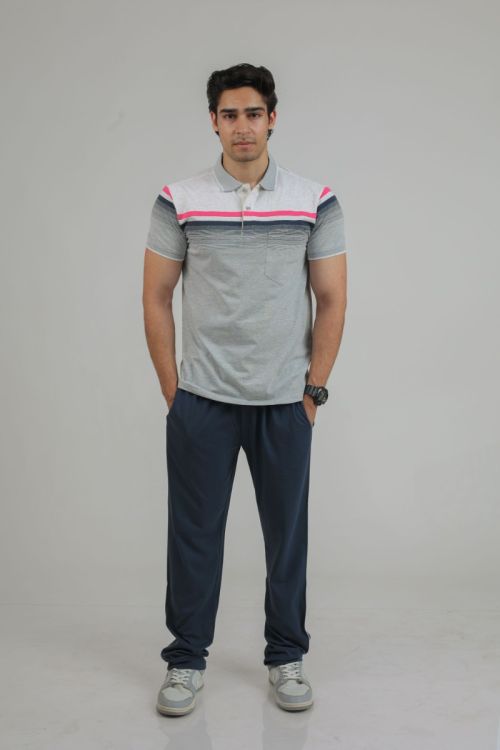 Men’s Collar Stripe Polo Tee with Contrast Lower Set (White/Navy)