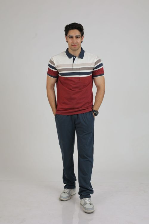 Men’s Collar Stripe Polo Tee with Contrast Lower Set (Wine/Navy)