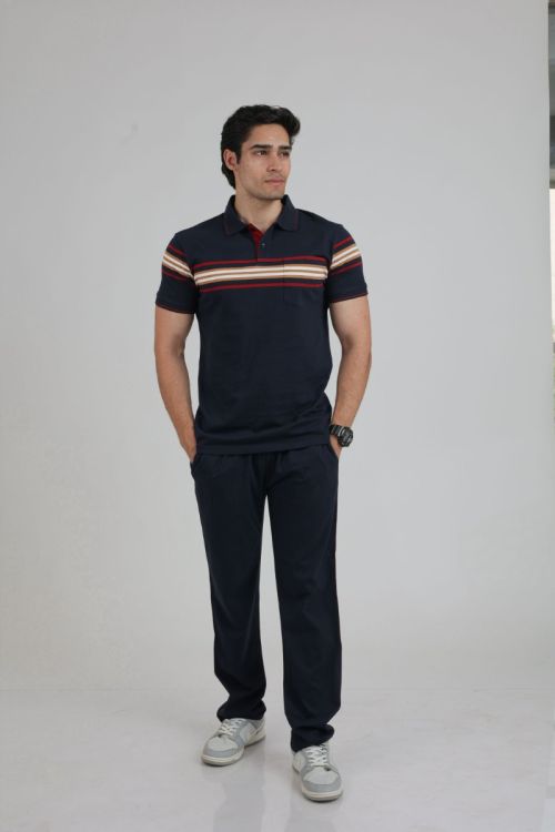 Men’s Collar Stripe Polo Tee with Contrast Lower Set (Navy)
