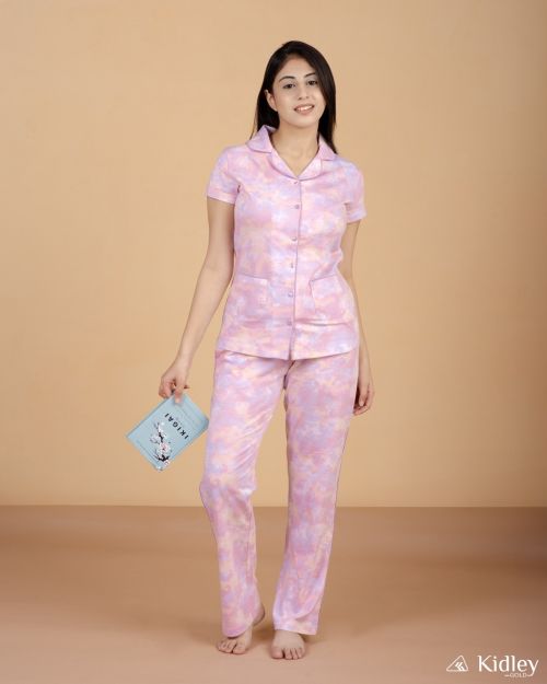 Cotton Pink Night suit button down for women