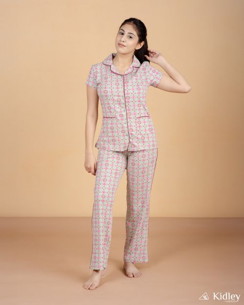 cotton pink all over button down night suit