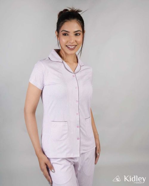 Cotton Button Down Night Wear Women pink Stripe