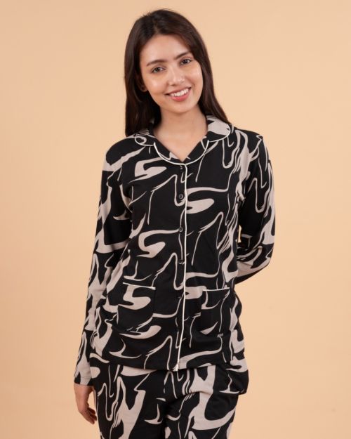 Black and Beige Abstract Print Nightwear Set