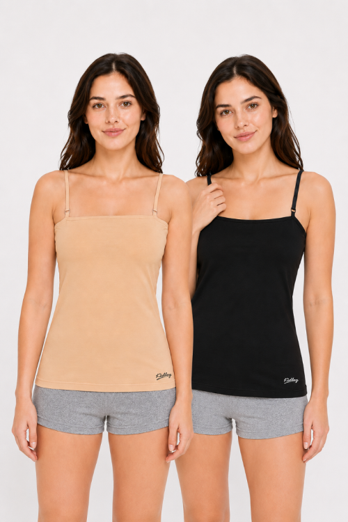 Super Combed Cotton Stretch Slim Fit Square Neck Camisole - Beige Black Pack of 2