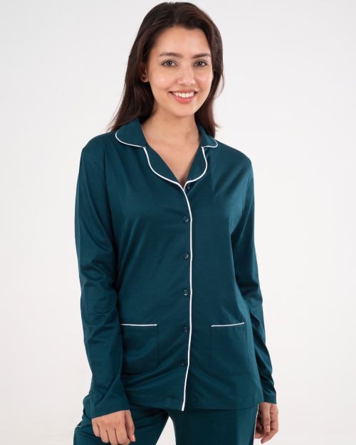 Teal Cotton Button-Up Nightwear Set – Vibrant, & Comfortable