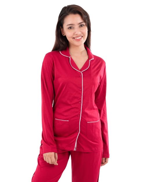 Luxurious Red Cotton Button-Up Nightwear Set – Soft & Stylish