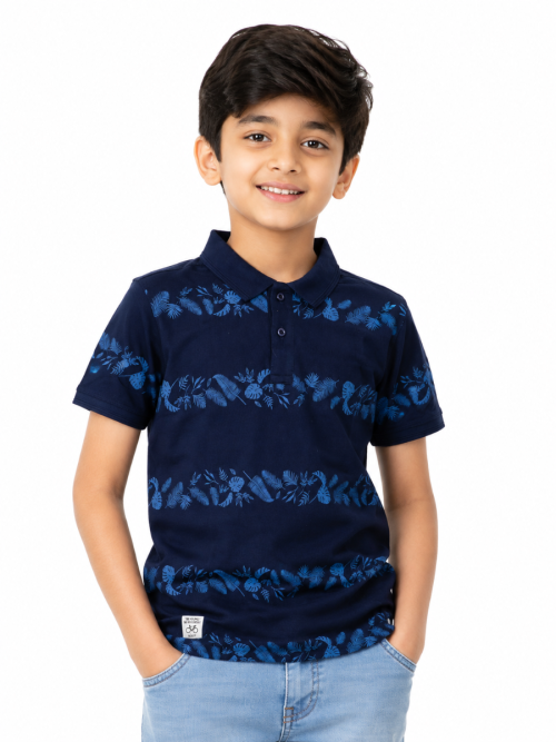 Boys Tropic Leaf Navy Blue Printed Polo T-Shirt