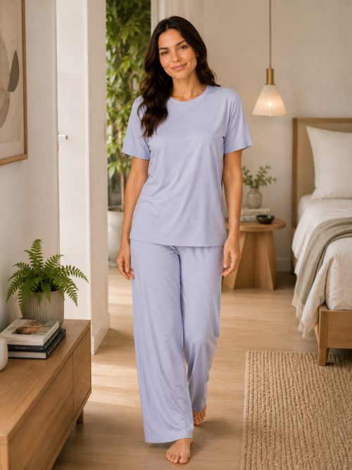 Kidley Luxury Modal Night Dress for Women - Self-Textured Night Suit Set - Light blue