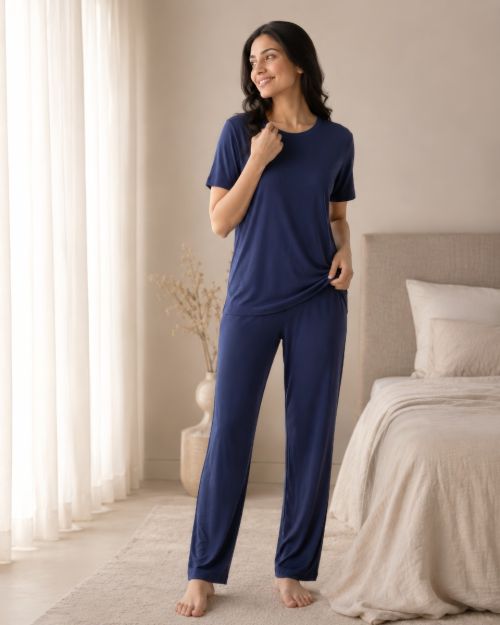 Kidley Luxury Modal Night Dress for Women - Self-Textured Night Suit Set - Navy blue