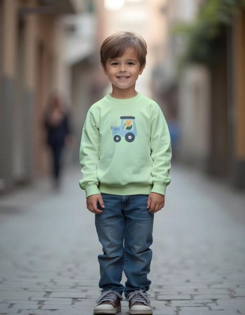 Boys' Green Apple Sweatshirt with Tractor Print Design – Casual Comfort for Everyday Adventures
