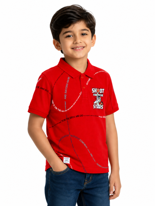 Boys Star Shot Red Typography Printed Polo T-Shirt