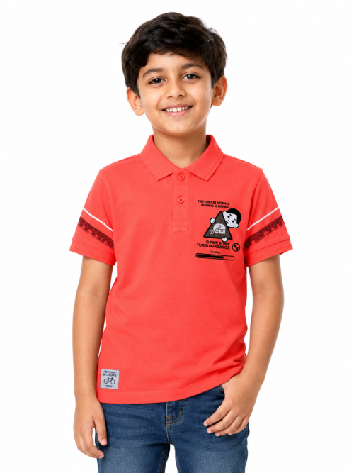 Boys Turbo Buddy Coral Red Cartoon Graphic Printed Polo T-Shirt