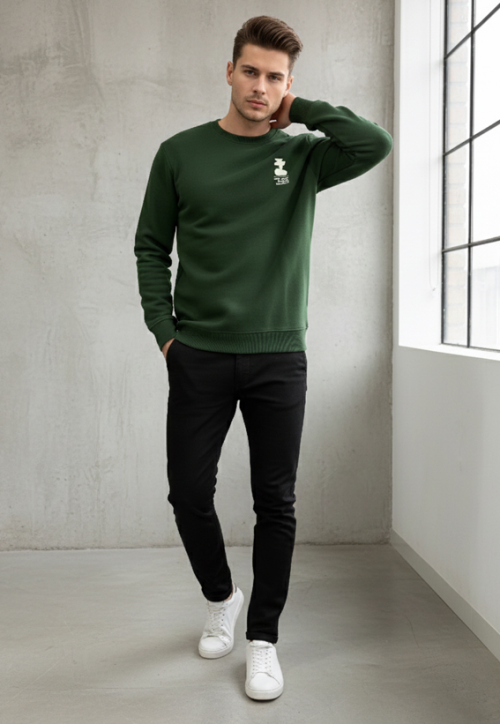 Men's Green Crewneck Sweatshirt with an Abstract Back Graphic