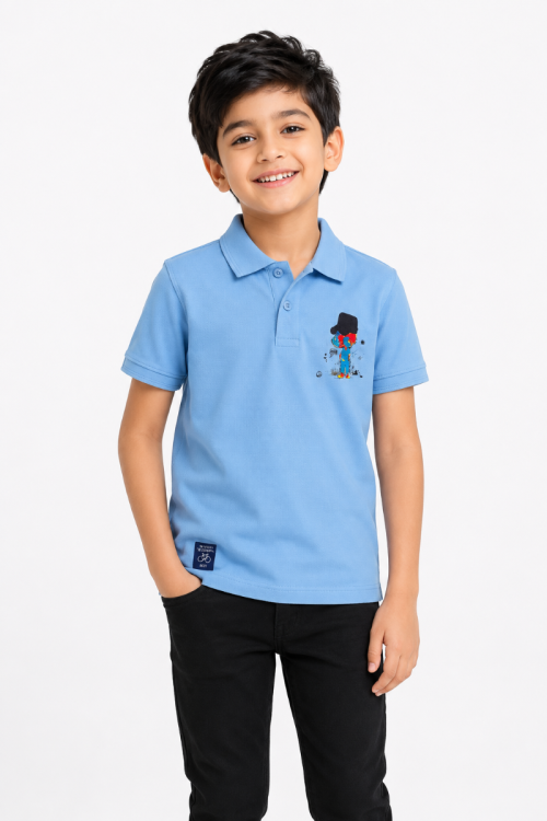 Boys Radiated Sky Blue Cartoon Graphic Printed Polo T-Shirt