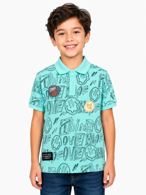 Boys Think Love Mint Green Doodle Printed Polo T-Shirt