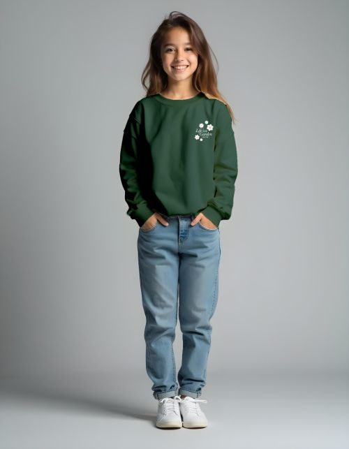 Kids' Cozy Cotton Sweatshirt – Green with Floral Print