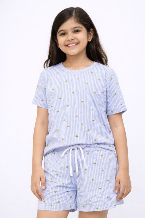 Girls' Lavender Striped Palm Tree Print T-Shirt & Shorts Loungewear Set