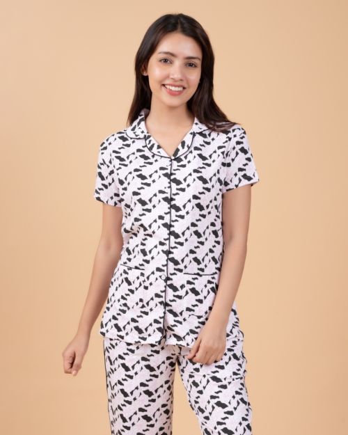 Monochrome Whisper - Short-Sleeve Cotton Nightwear Set