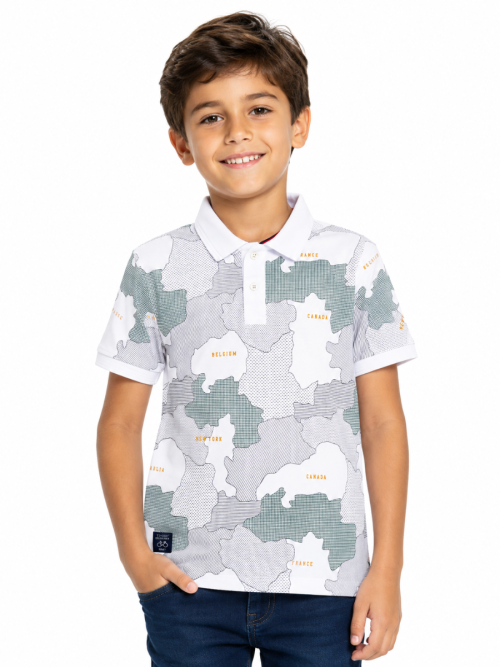 Boys White Abstract Map Printed Polo T-Shirt