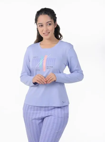 Light Purple Long Sleeve Nightwear Set for Women Cozy Cotton Lounge Wear