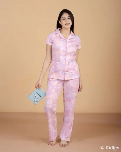 Cotton Pink Night suit button down for women