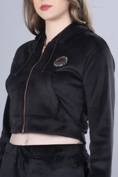 Black Crop Velvet Zipper Hoodie set