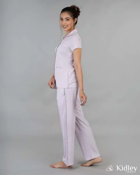 Cotton Button Down Night Wear Women pink Stripe