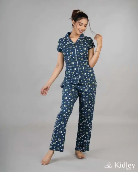 Cotton button down night wear Floral blue Women